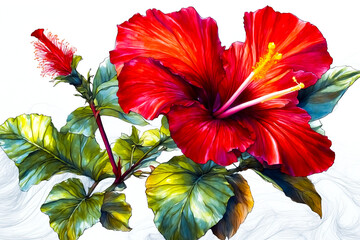 Sticker - Red Hibiscus Flower with Green Leaves on White Background