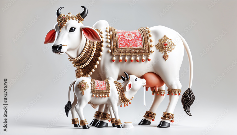 Sacred Beauty in 3D: Kamdhenu Cow with Calf, Elegantly Adorned with Red ...