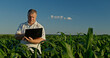 © StockMediaSeller - Farmer using a laptop, standing amid tall green corn in the distance
