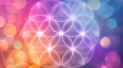 Stunning flower of life halftone pattern with abstract sacred geometry in vibrant gradient colors.