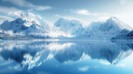 A serene winter landscape with snow-covered mountains reflecting in the calm waters of an ice lake