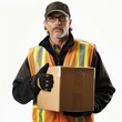 © siripimon2525 - Warehouse manager holding a shipment box, inspecting its condition, wearing a safety vest and gloves, looking focused, Portrait half-body, hyper-realistic, high detail, photorealistic, white