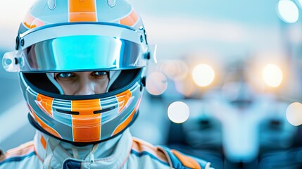 race car driver wearing a silver and orange racing suit with a helmet standing in front of formula one vehicle on a racetrack with blur background