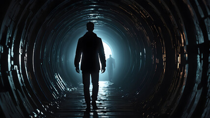 man in tunnel, Concept or conceptual dark tunnel with a bright light at the end or exit as metaphor to success, faith, future or hope, a black silhouette of walking man to new opportunity or freedom.