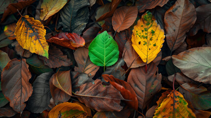 Wall Mural - Single Green Leaf Among Autumn Leaves. A striking image showcasing a single vibrant green leaf standing out among a sea of autumn leaves. 