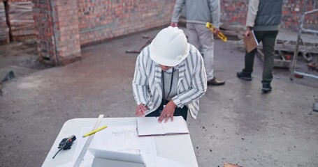Aufkleber - Construction, building and working for planning or woman manager, property development and architecture blueprint. Civil engineering, builders and design renovation site, table and project management