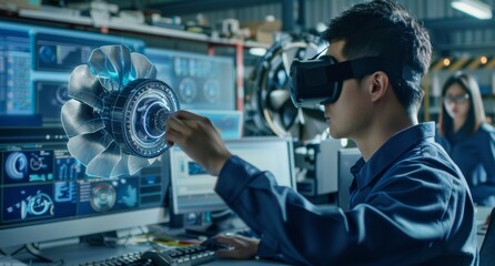 Poster - engineer using vr glasses for virtual design in a futuristic laboratory