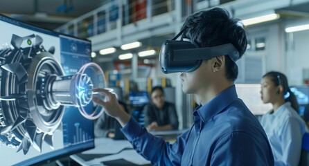 Poster - Asian male engineer using VR glasses to explore 3D engine model in modern office setting