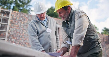 Aufkleber - Contractors, talk and meeting for remodel in house, design plan and collaboration on construction site. People, engineers and speaking for inspection of infrastructure, renovation and team for build