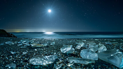 Wall Mural - A beach at night with a full moon in the sky