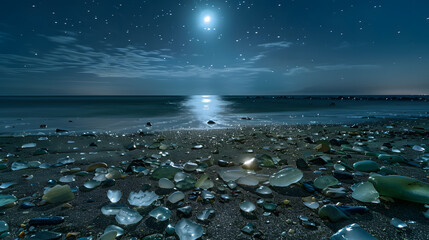 Wall Mural - A beach at night with a full moon in the sky