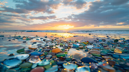 Wall Mural - A beach with a large pile of broken glass on the sand