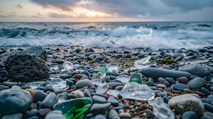 Wall Mural - A beach scene with a few pieces of glass scattered on the sand