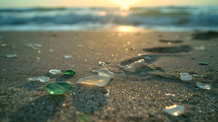 Wall Mural - A beach scene with a few pieces of glass scattered on the sand