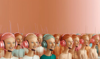 Wall Mural - AI call center representatives with headsets in a futuristic setting