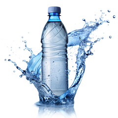 plastic water bottle with splash on white background