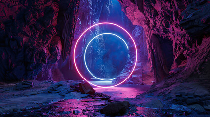 Wall Mural - 3D Render Abstract Background, Cosmic Landscape, Round Portal, Pink Blue Neon Light, Virtual Reality, Futuristic Sci-Fi Scene, Glowing Vortex, Digital Fantasy World, Immersive Technology