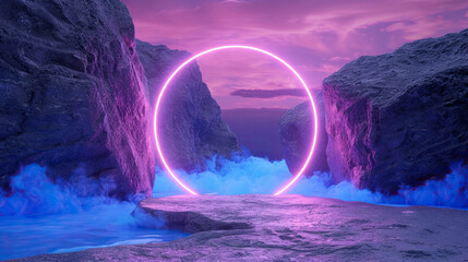 Wall Mural - 3D Render Abstract Background, Cosmic Landscape, Round Portal, Pink Blue Neon Light, Virtual Reality, Futuristic Sci-Fi Scene, Glowing Vortex, Digital Fantasy World, Immersive Technology