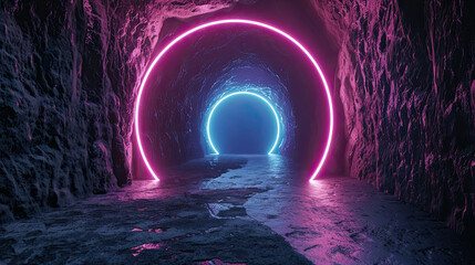Wall Mural - 3D Render Abstract Background, Cosmic Landscape, Round Portal, Pink Blue Neon Light, Virtual Reality, Futuristic Sci-Fi Scene, Glowing Vortex, Digital Fantasy World, Immersive Technology