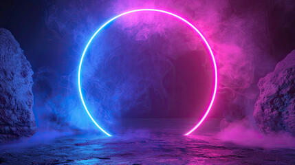 Wall Mural - 3D Render Abstract Background, Cosmic Landscape, Round Portal, Pink Blue Neon Light, Virtual Reality, Futuristic Sci-Fi Scene, Glowing Vortex, Digital Fantasy World, Immersive Technology