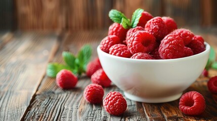 Sticker - Fresh raspberries in white bowl on wooden table with decor with copy space