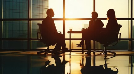 Wall Mural - Silhouettes of business people having a meeting in a modern office with large windows overlooking a cityscape at sunset.