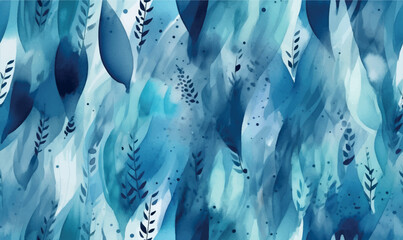 Wall Mural - watercolor abstract blue background, textured, pattern, with leaves