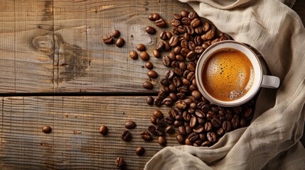 Wall Mural - Roasted coffee beans and a cup of coffee on a wooden table