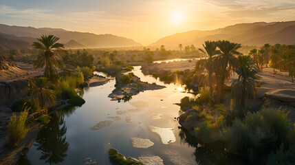 Wall Mural - A sunset over a river with a mountain in the background