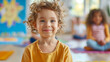 © LotusBlanc - Portrait of a Child at Preschool Doing Yoga or Mindfulness Class, Kids in Kindergarten Exercise Mind and Body, Positive Education.