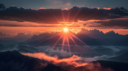 Wall Mural - A mountain range with a sun shining through the clouds