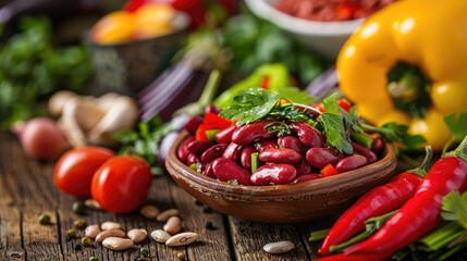 Wall Mural - Kidney beans and vegetables on a wooden table Mexican style chili preparation