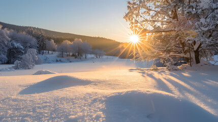 Wall Mural - A snowy field with a sun shining on it
