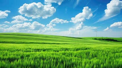 Canvas Print - Wind turbine in green field under blue sky with space for text