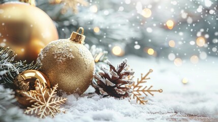 Wall Mural - festive winter decorations gold christmas ornaments and snowflake pine ornaments on snowy background