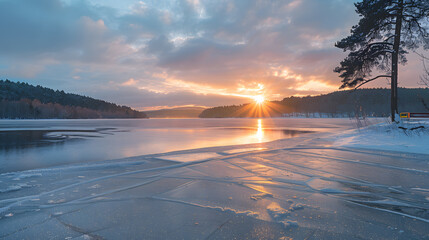 Wall Mural - A frozen lake with a sun rising in the background