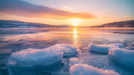 Wall Mural - A frozen lake with a sun rising in the background