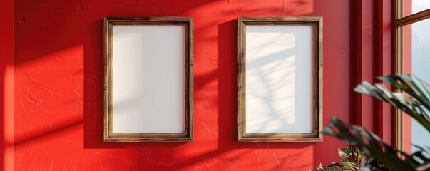 Two wooden frames on a bright red wall, avant-garde gallery mockup in high definition.