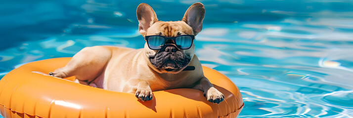 Wall Mural - Funny animal summer holiday vacation travel photography banner background - French bulldog dog with sunglasses, lying on air mattress, relaxing chilling in the swimming pool water