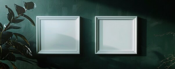 Two white frames on a dark green wall, avant-garde gallery mockup captured in high definition.