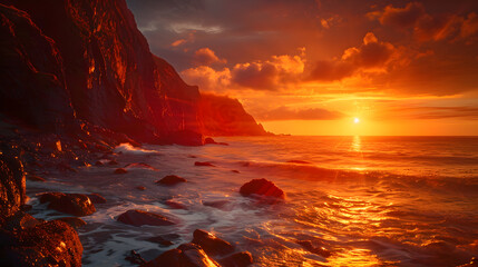 Wall Mural - A beautiful sunset over the ocean with a bright sun shining on the water