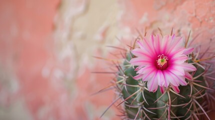 Wall Mural - Pink cactus flower on wall with space for text focused and blurred background