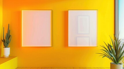 Two frames on a bright yellow wall, side by side, each softly illuminated, creating a cheerful and vibrant atmosphere in