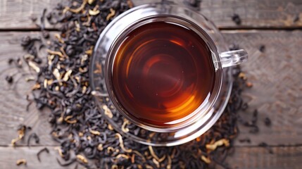 Wall Mural - Top view of hot tea in glass cup on wooden surface with dry black tea leaves