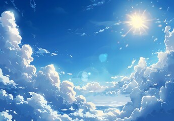 Wall Mural - Photorealistic Blue Sky with Shining Sun and Clouds