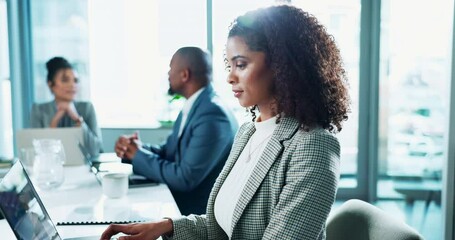 Aufkleber - Businesswoman, laptop or typing in working meeting for proposal, research on internet for company pitch. Female accountant, planning or computer for budget strategy, commitment to financial job