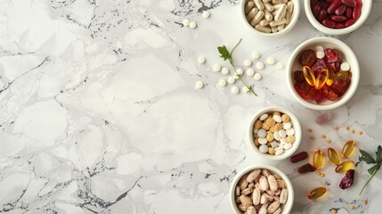 Wall Mural - View of nutritional supplements dosage on a table with space for text Alternative therapy and remedies