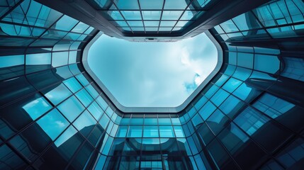 Poster - Observing modern skylight through blue glass building roof in contemporary architecture with abstract backgrounds