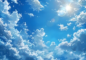 Wall Mural - Photorealistic Blue Sky with White Clouds and Sun