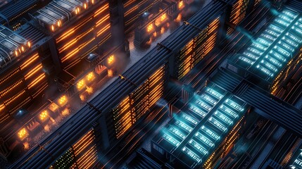 Poster - An aerial view of a server farm with rows of illuminated server racks
